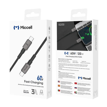 Cable Carga rápida USB - C a USB - C 60W (1m) Miccell VQ - D34 Aluminio y Nylon trenzado - Techpro Store Perú