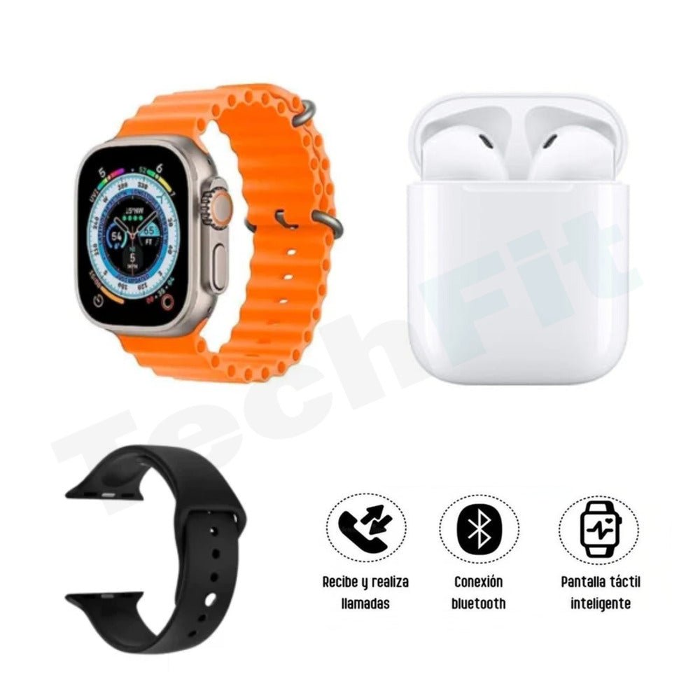 Techfit – Combo: Reloj Inteligente + Audífonos I8 Ultra Anaranjado - Techpro Store Perú