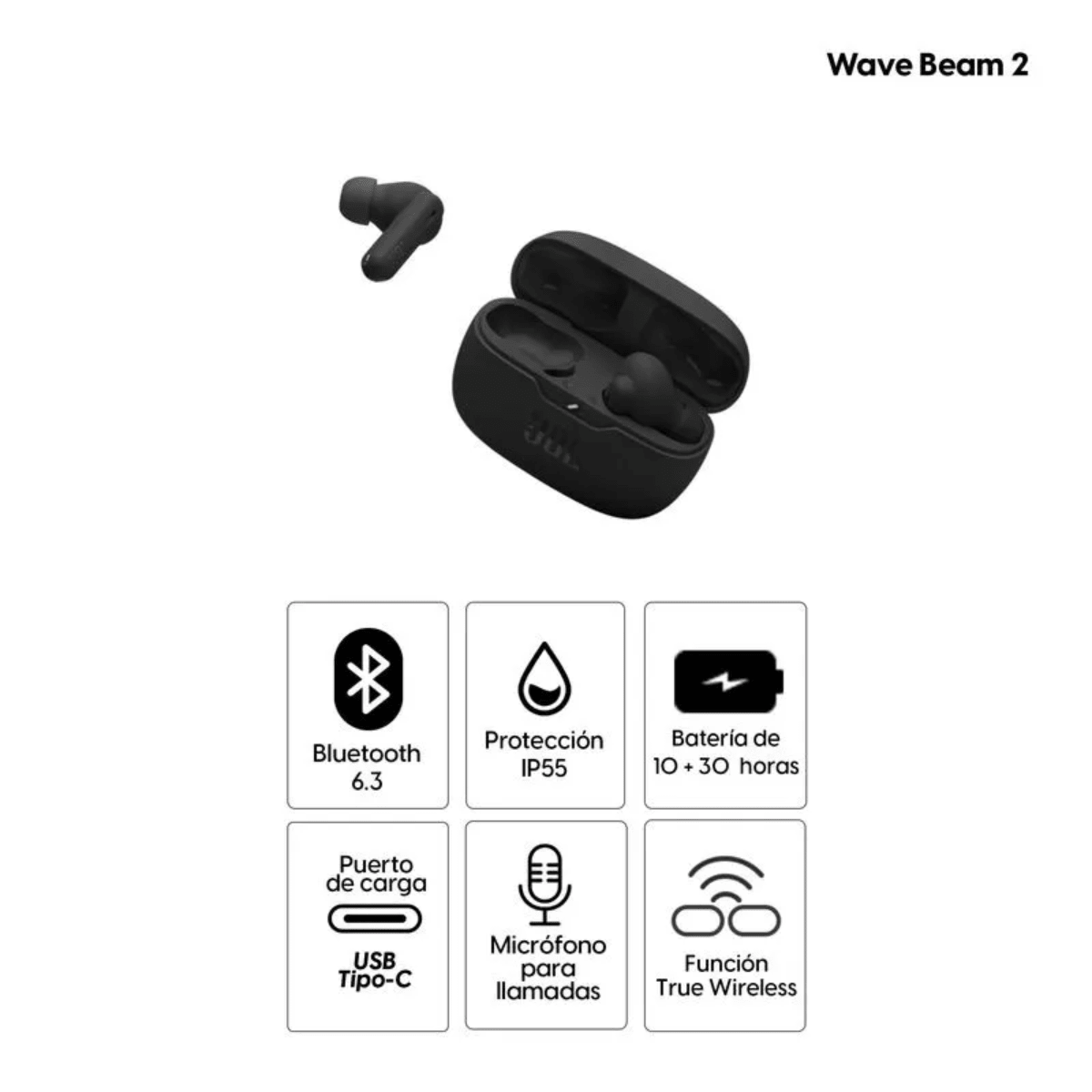 Audífonos Bluetooth JBL Wave Beam 2 | True Wireless | 32H Batería | Llamadas Claras | Negro - Techpro Store Perú