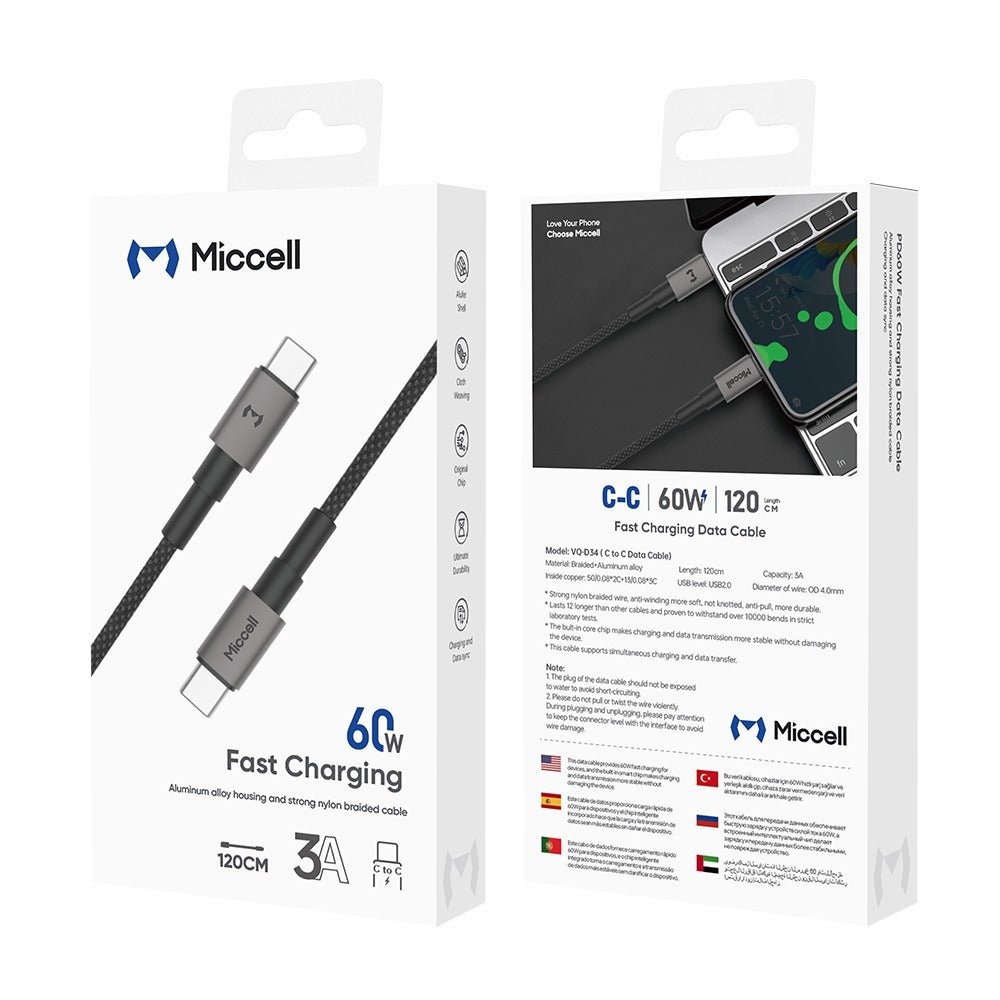 Cable Carga rápida USB - C a USB - C 60W (1m) Miccell VQ - D34 Aluminio y Nylon trenzado - Techpro Store Perú