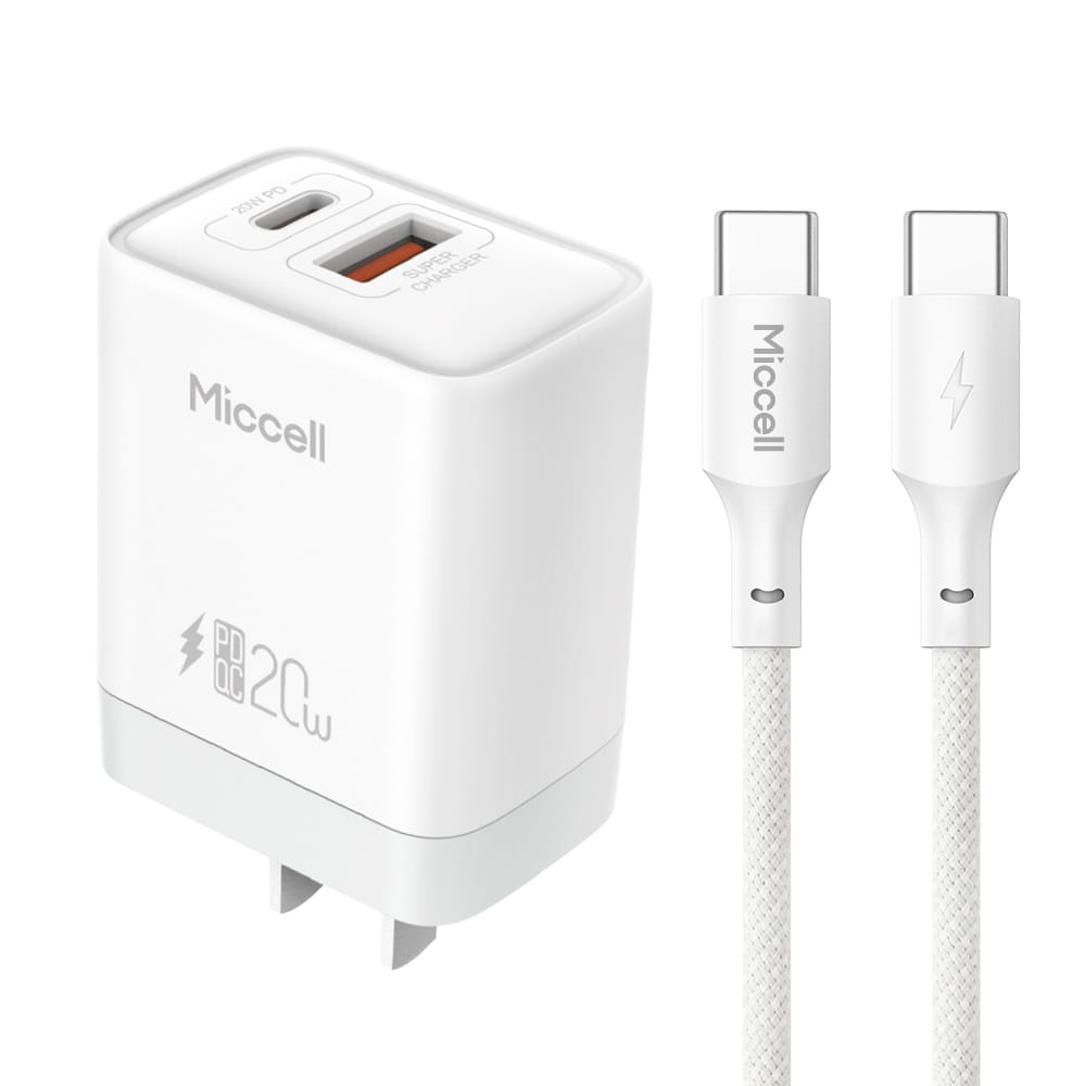 Cargador Rápido 20W Doble entrada USB - A USB - C + Cable USB - C - Miccell VQ - T13 - Techpro Store Perú