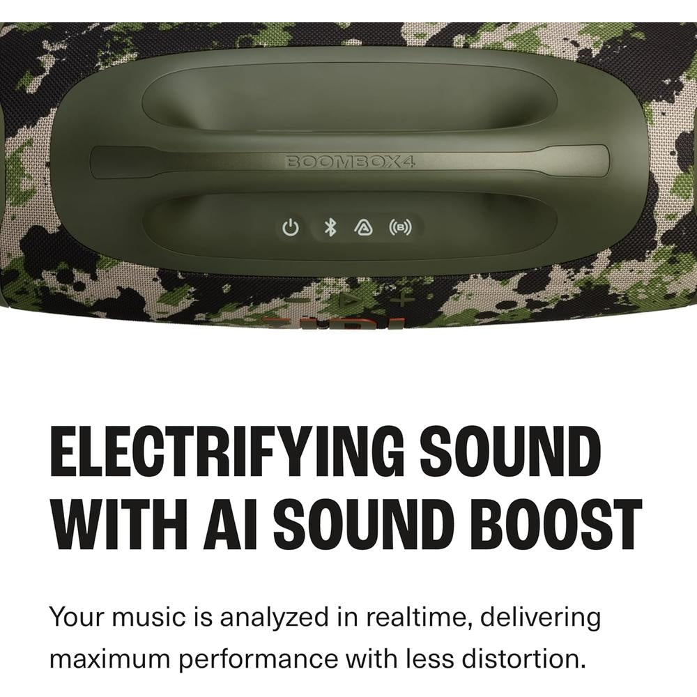 Parlante Bluetooth JBL Boombox 4 Camuflado | hasta 34 Horas de Batería | AI Sound Boost | JBL Pro Sound | Auracast | Resistente al Agua Polvo IP68 - Techpro Store Perú