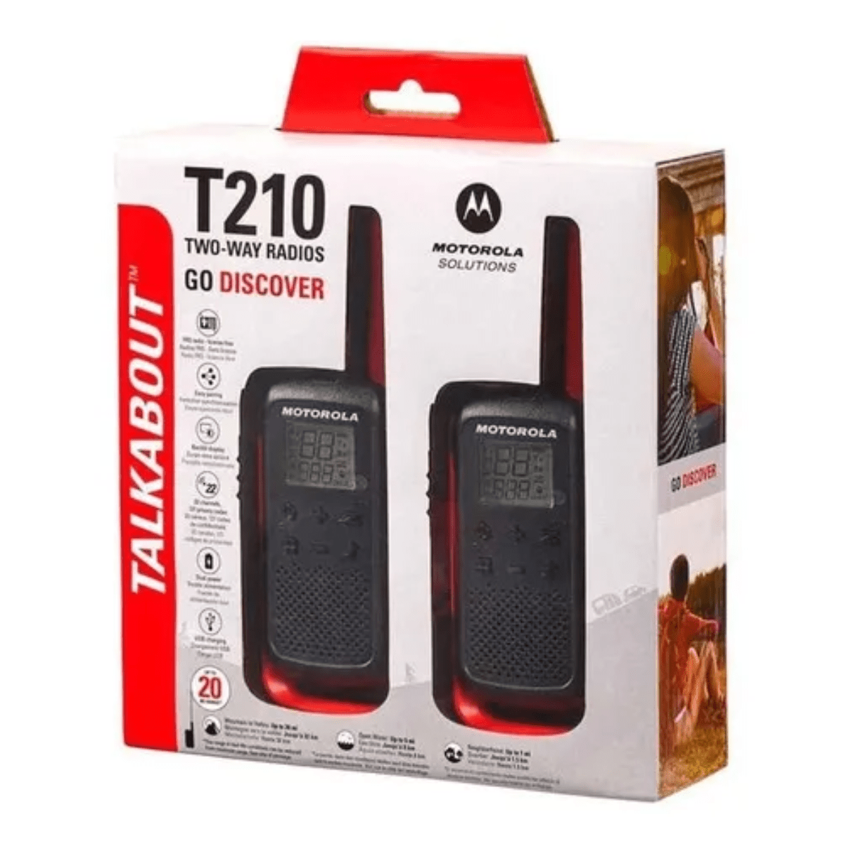 Radio Motorola T210PE Talkabout FRS paquete x2, 14 canales, alcance 32 km, apróx. 18 horas, negro y rojo - Techpro Store Perú